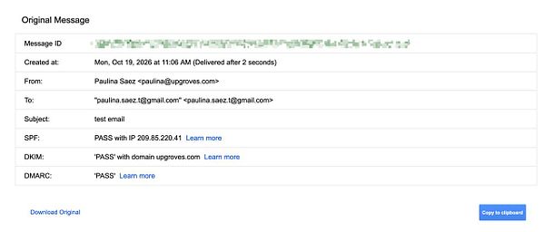 Email delivery report showing SPF, DKIM, and DMARC pass results for an email sent from upgroves.com.