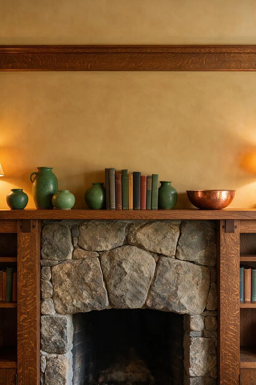 A Craftsman-style fireplace vignette with a rough stone surround, thick stained wood mantel, and built-in shelves on both sides. Green pottery, old books, and a copper bowl decorate the mantel, while warm wall sconces cast a soft glow on the beige plaster wall.