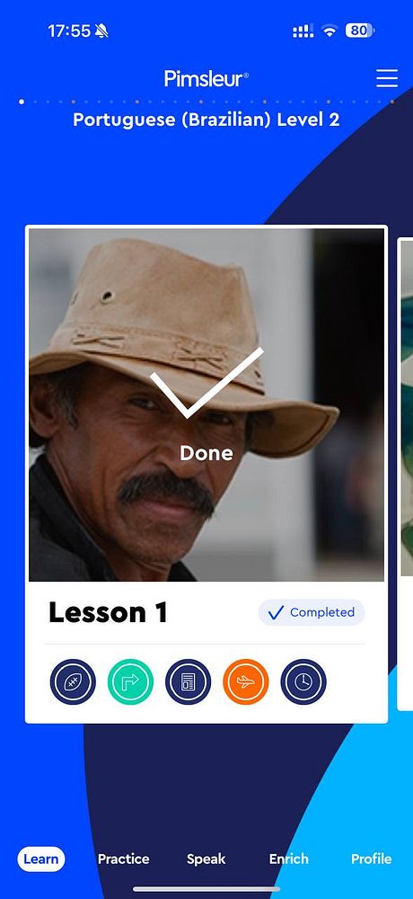 The image displays a mobile app interface for Pimsleur's Portuguese (Brazilian) Level 2 course.