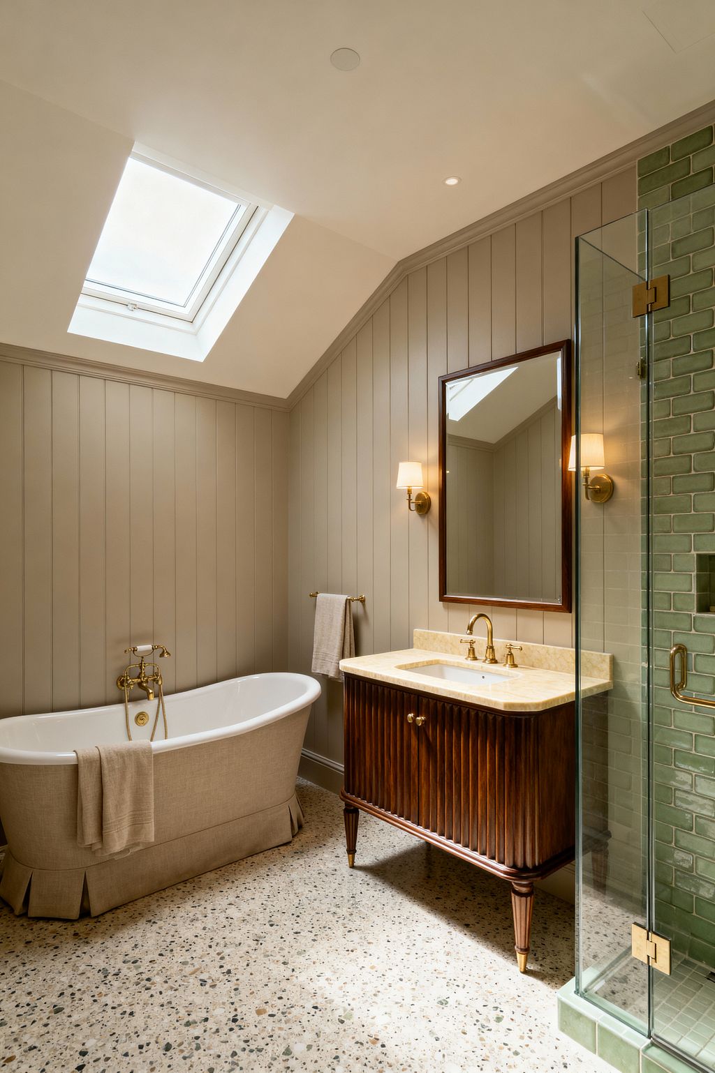 A transitional bathroom with a sloped ceiling and skylight features vertical greige wall paneling and a terrazzo floor. A freestanding white tub wrapped in a tailored linen skirt sits beside a brass tub filler. Opposite is a fluted dark-wood vanity with a cream stone countertop, undermount sink, and brass faucet, topped by a wood-framed mirror and brass sconces with white shades. A glass shower reveals glossy sage-green subway tiles and brass hardware.