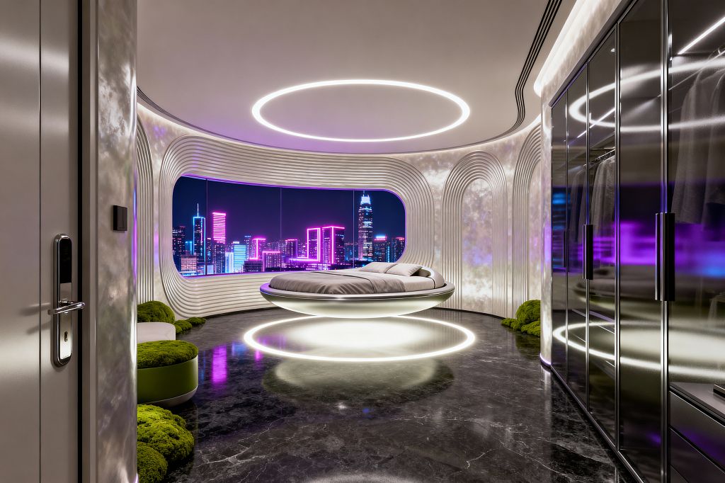 A futuristic bedroom features a levitating round bed with a glowing base beneath a circular ceiling light. Curved pearlescent wall panels frame a panoramic window overlooking a neon city skyline in magenta and blue, while polished black marble floors reflect the light. Smoked-glass wardrobes line one wall, and low green moss planters provide a soft, organic contrast.