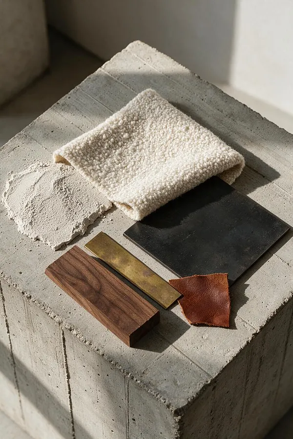 A Brutalist-style material mood board rests on a raw concrete block in warm sunlight. Visible samples include a cream bouclé fabric swatch, a rough plaster piece, a matte black stone tile, a brass strip, a walnut wood block, and a small brown leather piece.