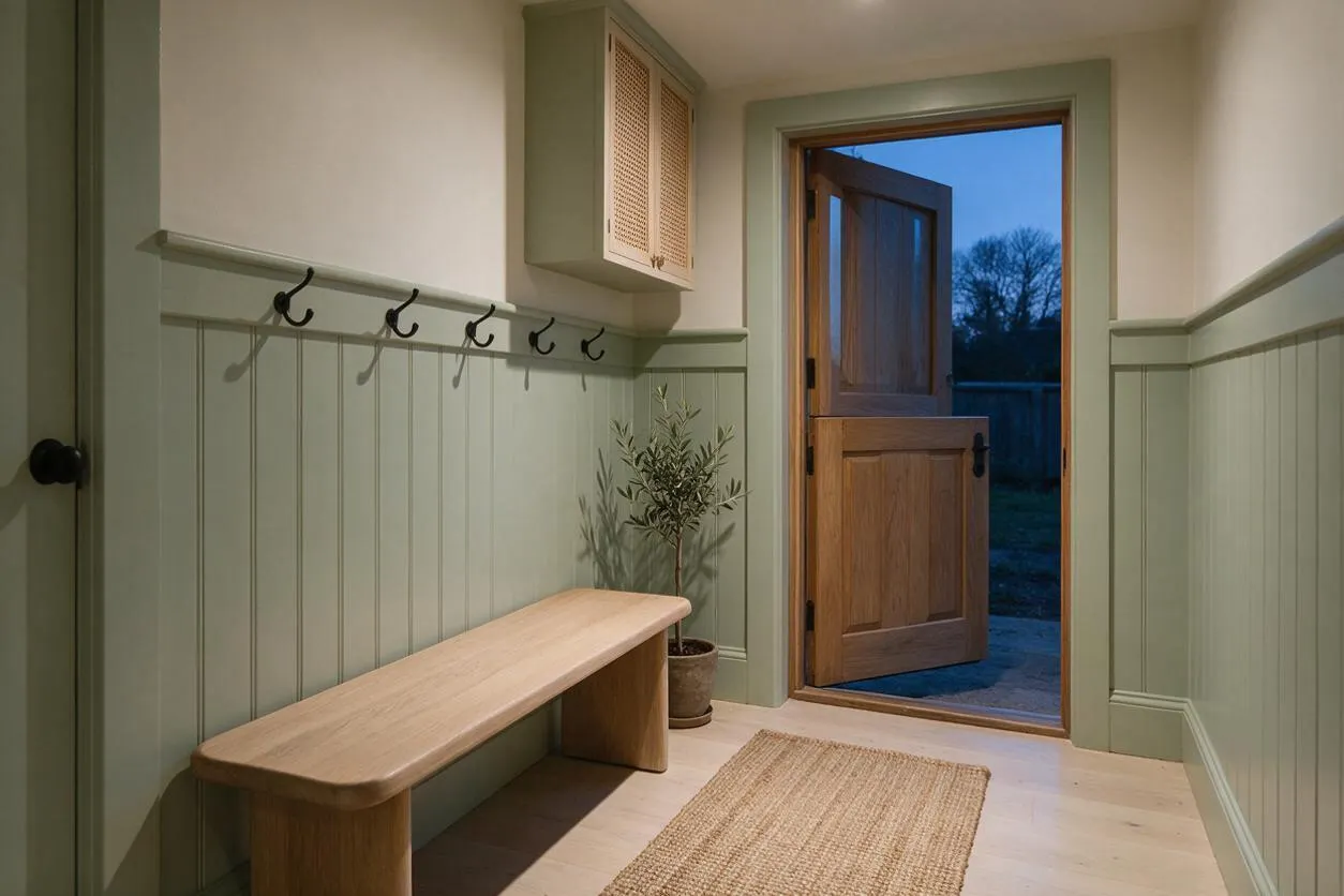 A calm mudroom with sage green wainscoting, cream walls, and a pale wood bench along one side. Black coat hooks run above the paneling, a woven natural-fiber rug lies on the light wood floor, and a small potted plant adds softness near a wood door open to the outdoors.