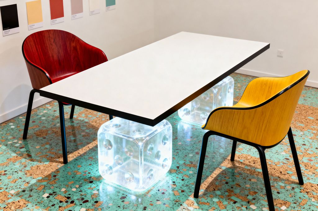 A playful dining setup features a rectangular white table with a slim black edge, supported by two large transparent acrylic dice that glow from internal LEDs. On either side are molded plywood armchairs: one in deep red woodgrain, one in golden yellow, both on black metal legs. The room has a mint-turquoise terrazzo floor with brown cork and white chips, white walls, and a row of color swatch cards pinned above the red chair.