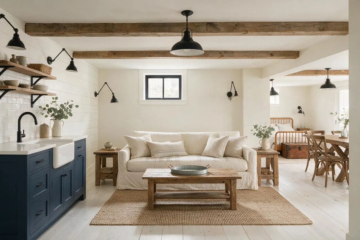 A bright farmhouse-style basement with white painted floors, exposed wood ceiling beams, and black industrial pendant lights. The space includes a navy blue sink cabinet with a farmhouse sink, open wood shelves, a cream slipcovered sofa, rustic wood tables, and a woven area rug, with a dining nook visible in the background.