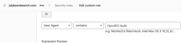 Screenshot of a Cloudflare Firewall Rules configuration interface defining a rule to bypass by OpenSEO for auditing job board search.