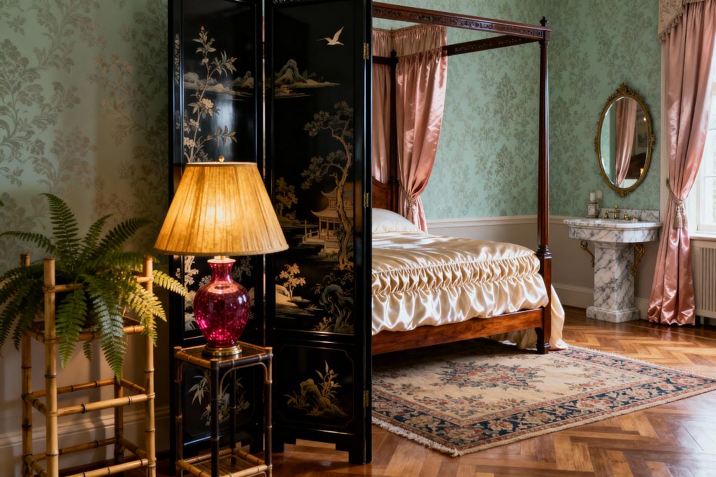 A Victorian bedroom with a carved four-poster mahogany bed dressed in champagne satin and framed by blush pink silk drapes. Mint green damask wallpaper covers the walls, with a black lacquer chinoiserie screen beside a ruby glass lamp on a small stand. A fern sits on a bamboo plant stand and a faded floral rug lies on herringbone parquet flooring. At the window, a marble pedestal washstand with a gilded oval mirror and brass taps completes the room.