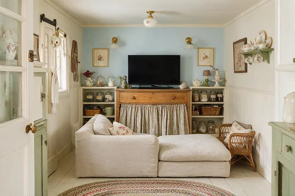 A cozy cottagecore media room with a wall-mounted TV centered above a wooden cabinet with a gathered floral curtain. Cream upholstered seating, wicker accents, and open shelves filled with jars, china, and baskets create a soft vintage atmosphere.