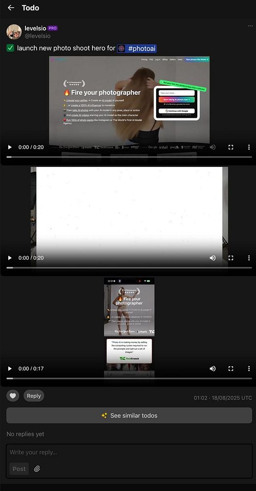 The image features a task interface displaying a video showcasing a new photo shoot hero for a project related to photo AI.