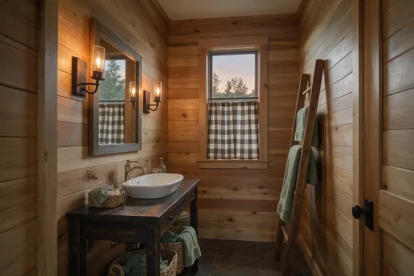 A narrow rustic master bathroom with horizontal wood plank walls, a dark wood vanity, and a white vessel sink. Two wall sconces flank a framed mirror above the vanity, while a checkered curtain covers the window and a wooden ladder holds towels on the right.