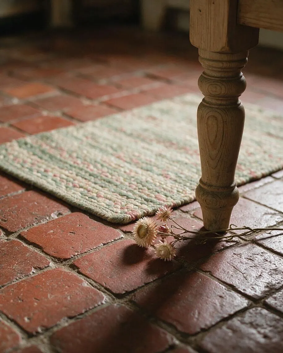 A close-up interior scene shows a red brick floor with a small woven rug in soft muted tones beneath a turned wooden table leg. A few dried flowers rest on the floor beside the leg, creating a warm, rustic cottagecore atmosphere.