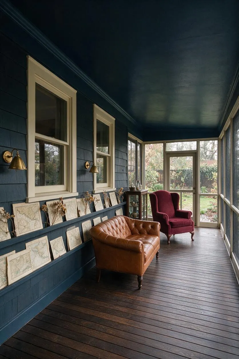 A narrow screened patio with deep blue walls and ceiling, cream-trimmed windows, and dark wood flooring. A tan leather settee and burgundy velvet armchair sit beside a long ledge displaying framed maps and dried botanicals, with glass doors opening to a garden.