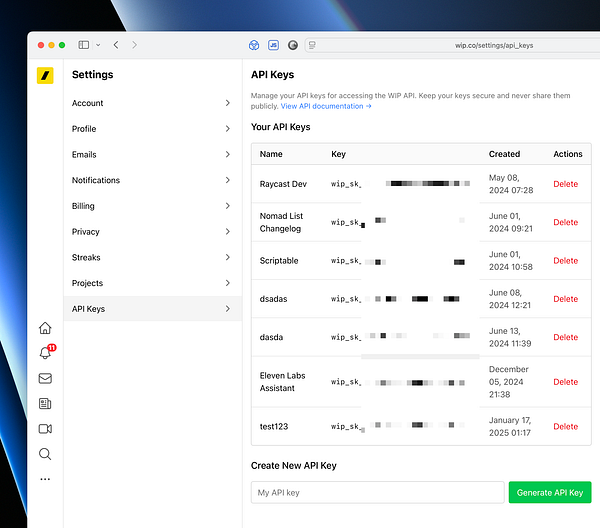 The image displays a settings interface for managing API keys.
