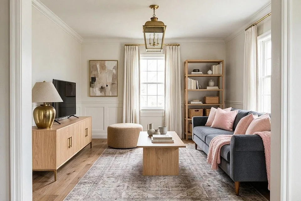 A Transitional living room in the Charcoal and Blush palette