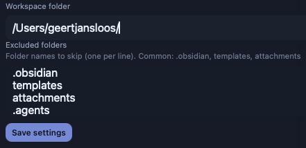 Screenshot of Obsidian vault settings with folders and a toggle for excluding folders from sync.