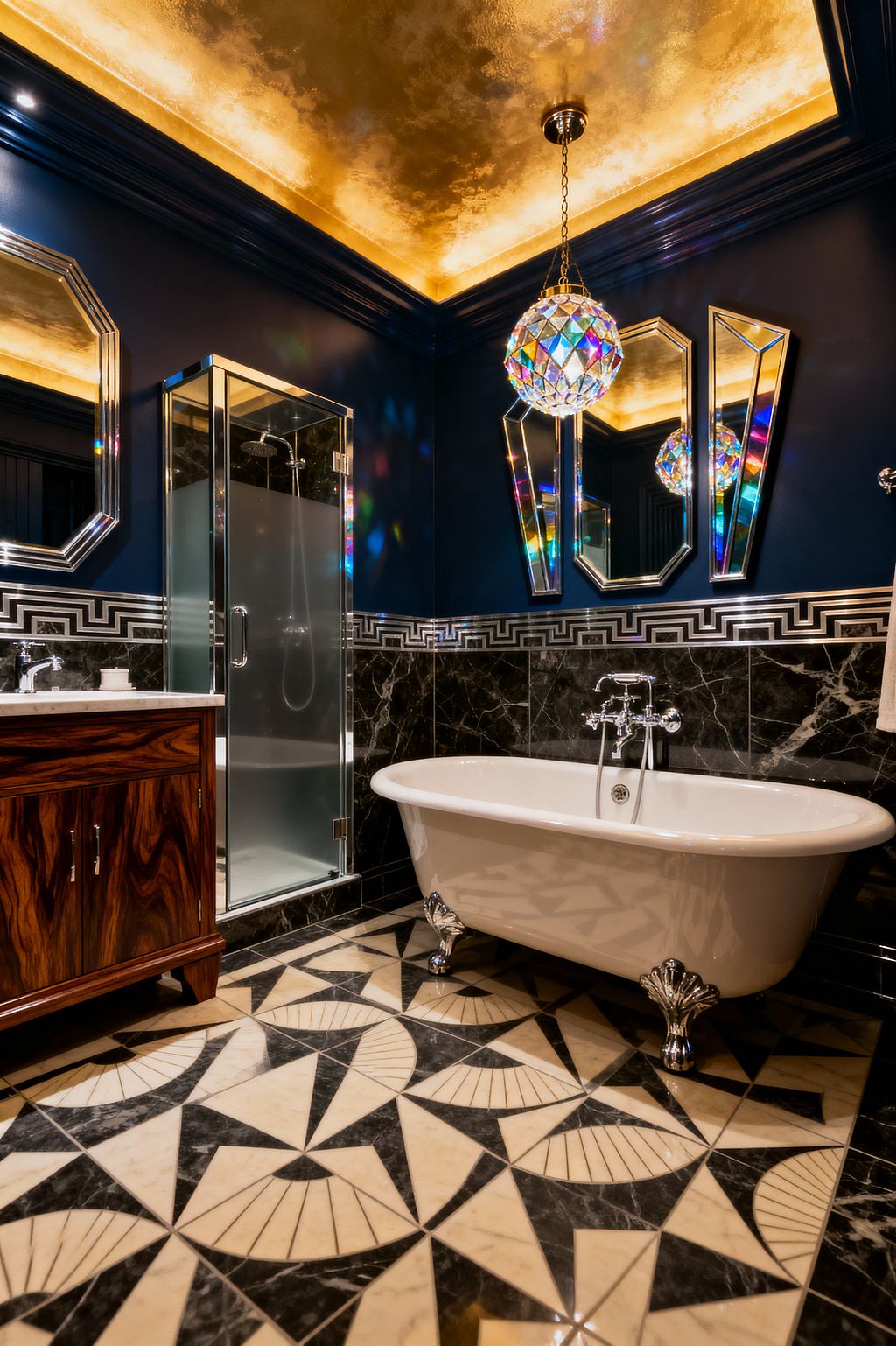 An Art Deco bathroom with deep navy walls and a gold-leaf ceiling lit by warm cove lighting, featuring a prismatic crystal globe pendant. Black marble wall tiles with a chrome Greek-key border meet a geometric black-and-ivory marble floor. A white clawfoot tub with chrome feet sits beside a frameless shower with frosted glass, while a rosewood vanity with a marble top and beveled mirrors completes the glamorous space.