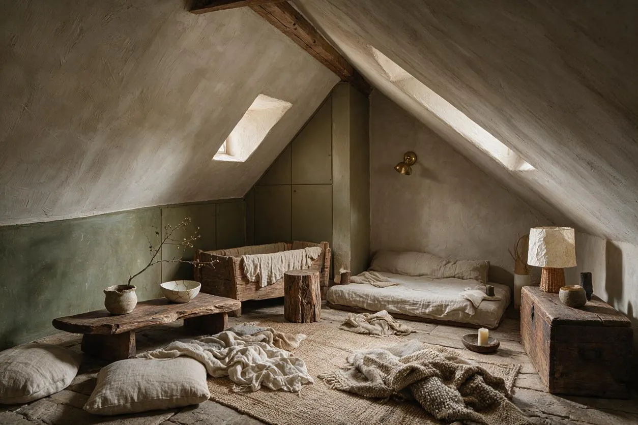 A rustic nursery with sloped plaster ceilings, two low floor beds, a wooden crib, and a rough-hewn coffee table. The room uses muted beige, olive green, and natural wood tones, with linen textiles, woven rugs, and soft daylight from small skylight windows.