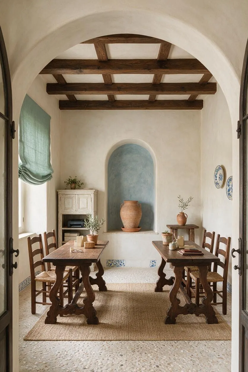 A Mediterranean-style home office with white plaster walls, arched openings, and exposed dark wood ceiling beams. Two rustic wooden desks and ladder-back chairs sit on a natural jute rug, with a blue alcove niche, terracotta pottery, and soft sage roman shades adding warmth.