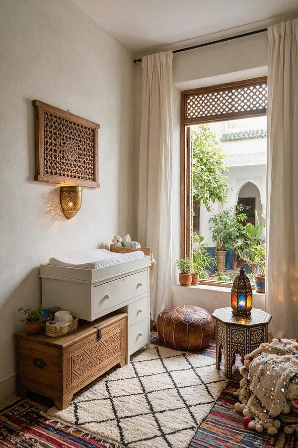 A Moroccan-style nursery with white plaster walls, a carved wood wall panel, and a brass wall sconce above a white changing table. A large window with sheer curtains opens to a lush courtyard, while woven rugs, a leather pouf, and a patterned lantern add warm texture and color.