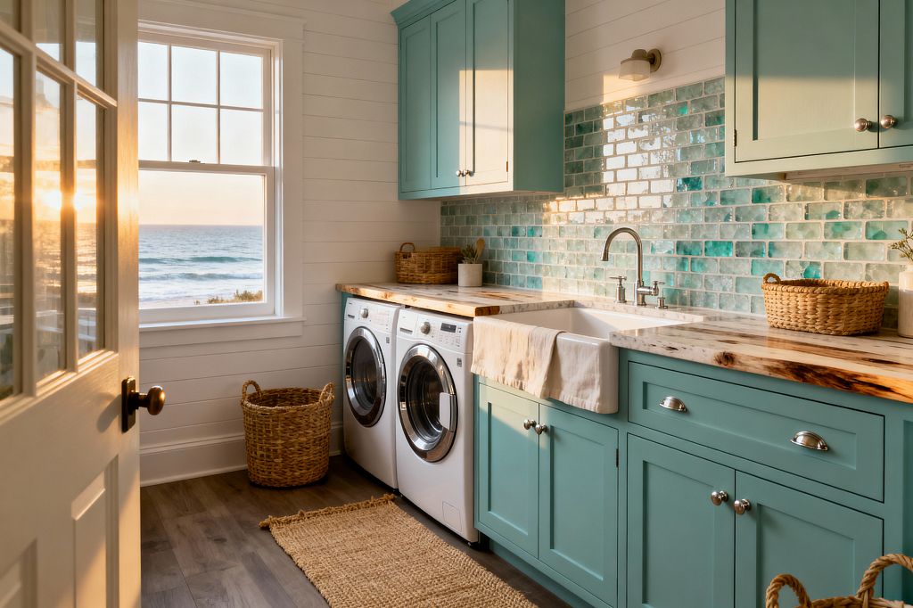 A coastal laundry room overlooks the ocean at sunset through a window. White shiplap walls frame teal Shaker cabinets with a light, heavily grained butcher-block counter. A white apron-front sink with a chrome faucet sits below glossy sea-glass subway tiles in aqua and teal. A front-loading washer and dryer fit under the counter. Woven baskets, a jute runner, and gray wood plank flooring add texture, with a simple wall sconce providing warm light.