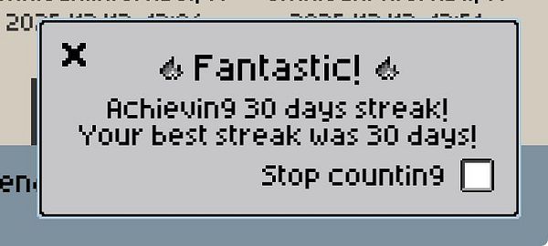 A pop-up notification celebrating a 30-day streak in pixel practice.