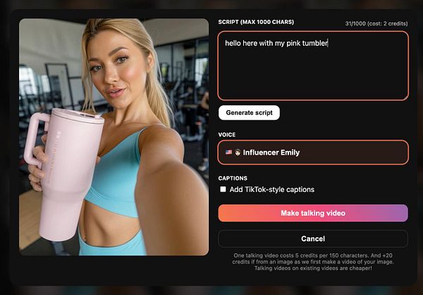 A young woman takes a selfie in a gym setting while holding a pink tumbler, with a user interface for creating a talking video displayed on the screen.