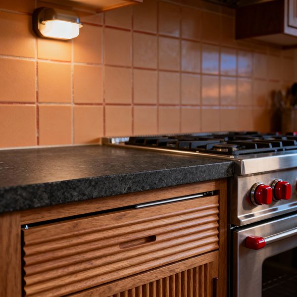 A close-up of a mid-century style kitchen corner shows fluted oak cabinet fronts beneath a charcoal, honed stone countertop next to a stainless-steel gas range with red control knobs and heavy cast-iron grates. The backsplash is a grid of square terracotta ceramic tiles with warm-toned grout, illuminated by a small brushed-nickel wall sconce with a frosted diffuser. The scene combines warm wood and tile with cool metal, emphasizing simple lines and practical, tactile finishes.