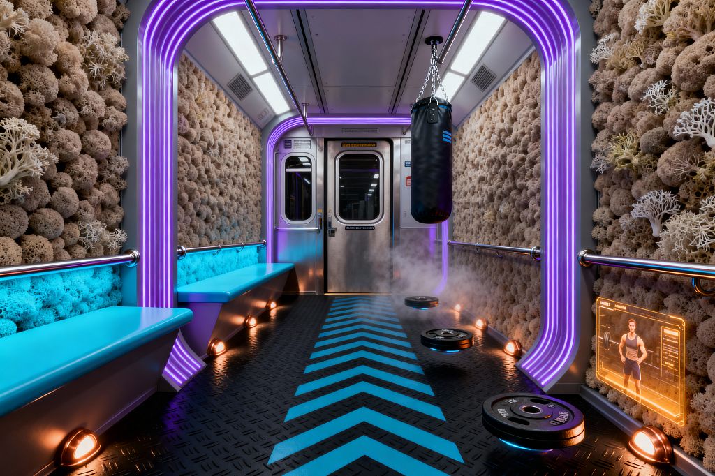 An immersive home gym styled like a subway car, with stainless steel doors, chrome handrails, and neon violet arches framing textured beige, coral-like wall panels. A black punching bag hangs over a black diamond-plate floor marked with blue chevrons, while amber floor uplights and cyan bench lighting glow through mist; weight plates sit along the track, and a translucent orange holographic workout display hovers near the right bench.