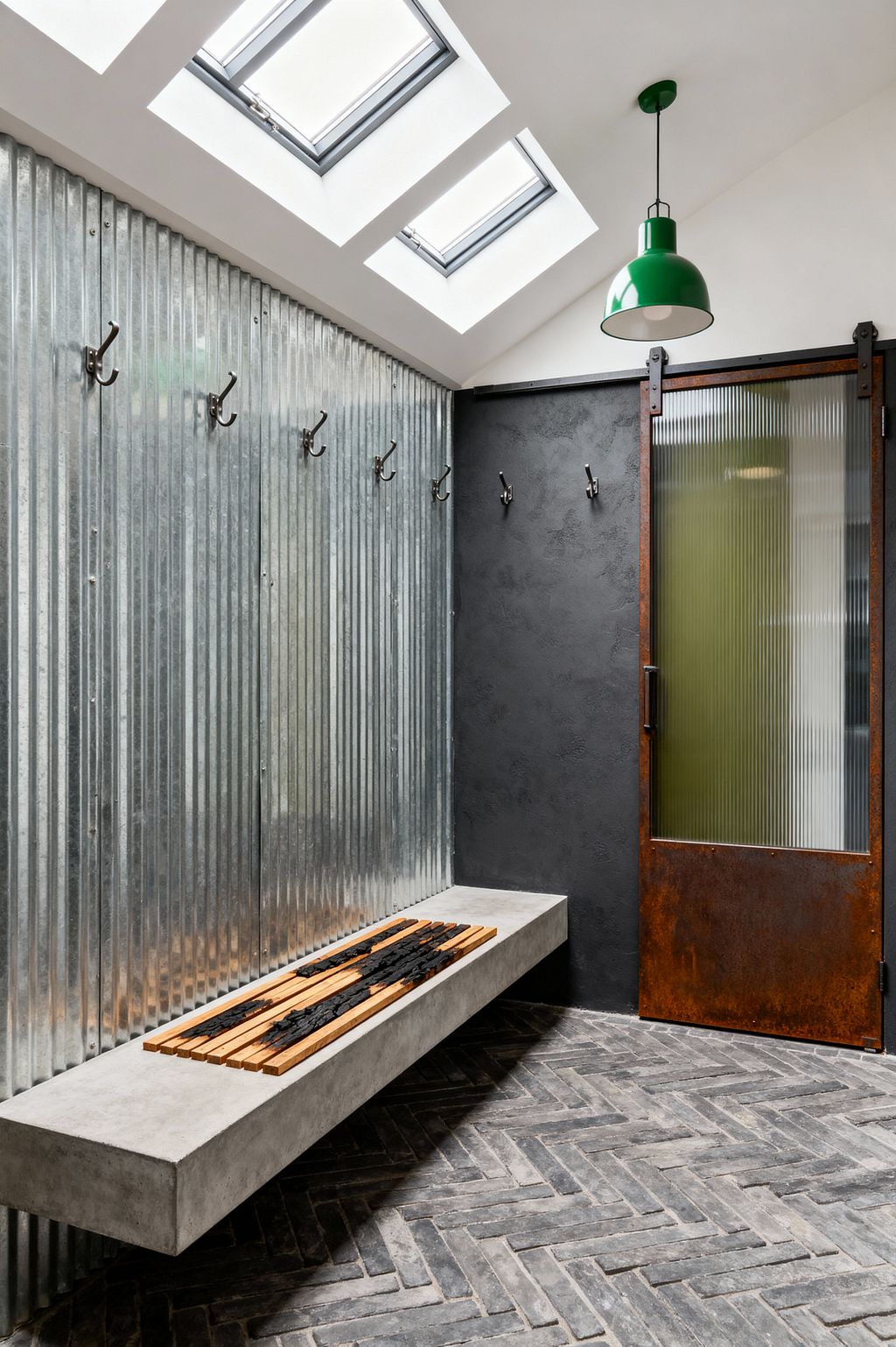 Industrial mudroom with corrugated galvanized steel walls lined with metal hooks and a floating concrete bench. The floor is gray herringbone brick, and a dark charcoal plaster wall meets a sliding door with a rusted steel frame and lower panel plus ribbed glass. Three roof skylights and a glossy green factory-style pendant provide bright light. A slatted, charred-wood mat sits on the concrete bench for texture and warmth.