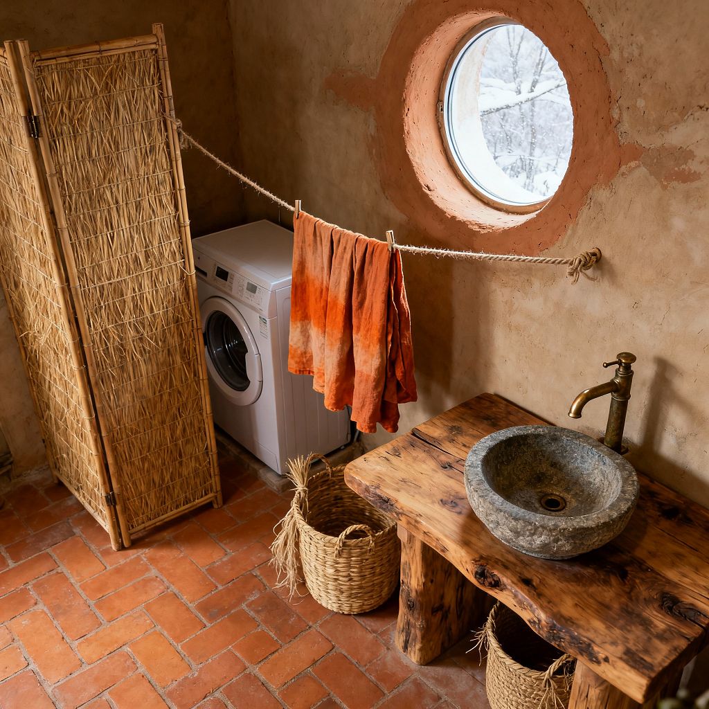 A compact wabi-sabi laundry features clay-plastered walls, terracotta floor tiles, and a round window with an earthen surround letting in daylight. A white front-loading washer sits partly screened by a woven reed panel, while a jute rope clothesline holds a burnt-orange fabric. A live-edge wooden counter supports a rough stone bowl sink and an aged brass faucet, with woven baskets below, emphasizing natural textures and handcrafted imperfections.