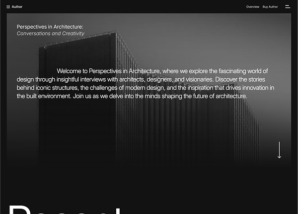 The image features a sleek, modern webpage titled 'Perspectives in Architecture' with a focus on design and creativity.