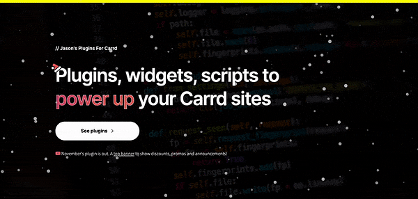 The image features a festive website interface showcasing plugins for Carrd with a winter theme.