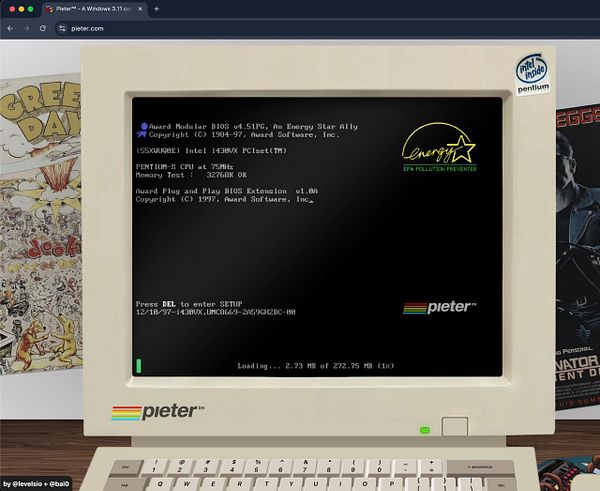A retro computer screen displays BIOS information and a loading status, set against a backdrop of colorful comic book covers.