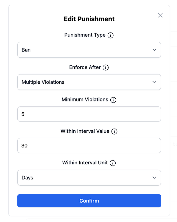The image displays an 'Edit Punishment' modal interface for configuring punishment settings.