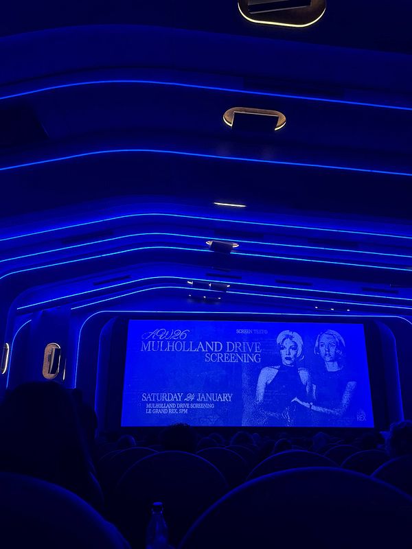 Poster for the movie "Mulholland Drive" featuring two women, one seated and one standing, dressed in striking red clothing.