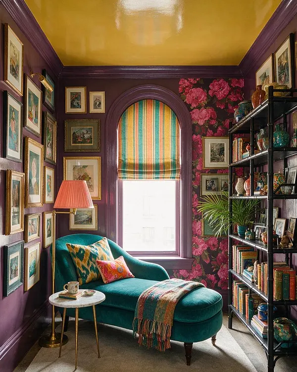 A narrow sunroom with deep purple walls and a glossy mustard-yellow ceiling, centered on an arched window with a striped Roman shade. The room features a teal chaise lounge with patterned pillows, a small round marble-topped table, framed artwork covering the walls, floral wallpaper accents, and a black metal shelving unit filled with books and decorative objects.