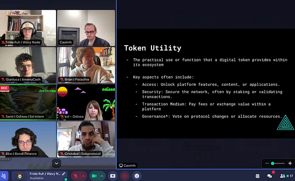 A virtual meeting featuring multiple participants discussing token utility in a digital ecosystem.