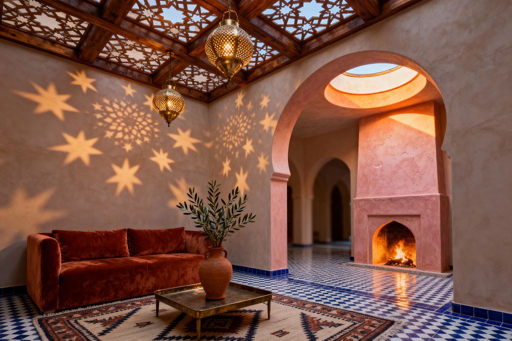 A Moroccan-style living room with pale plaster walls and a blush tadelakt, pointed-arch fireplace burning warmly. A rust velvet sofa sits beside a square brass tray table holding a terracotta vase with olive branches atop a patterned Berber rug. Overhead, carved wooden latticework and three perforated brass pendant lamps cast star-shaped shadows. The blue-and-white zellige tile floor and arched doorway lead to adjacent spaces, while a circular skylight brings natural light into the room.