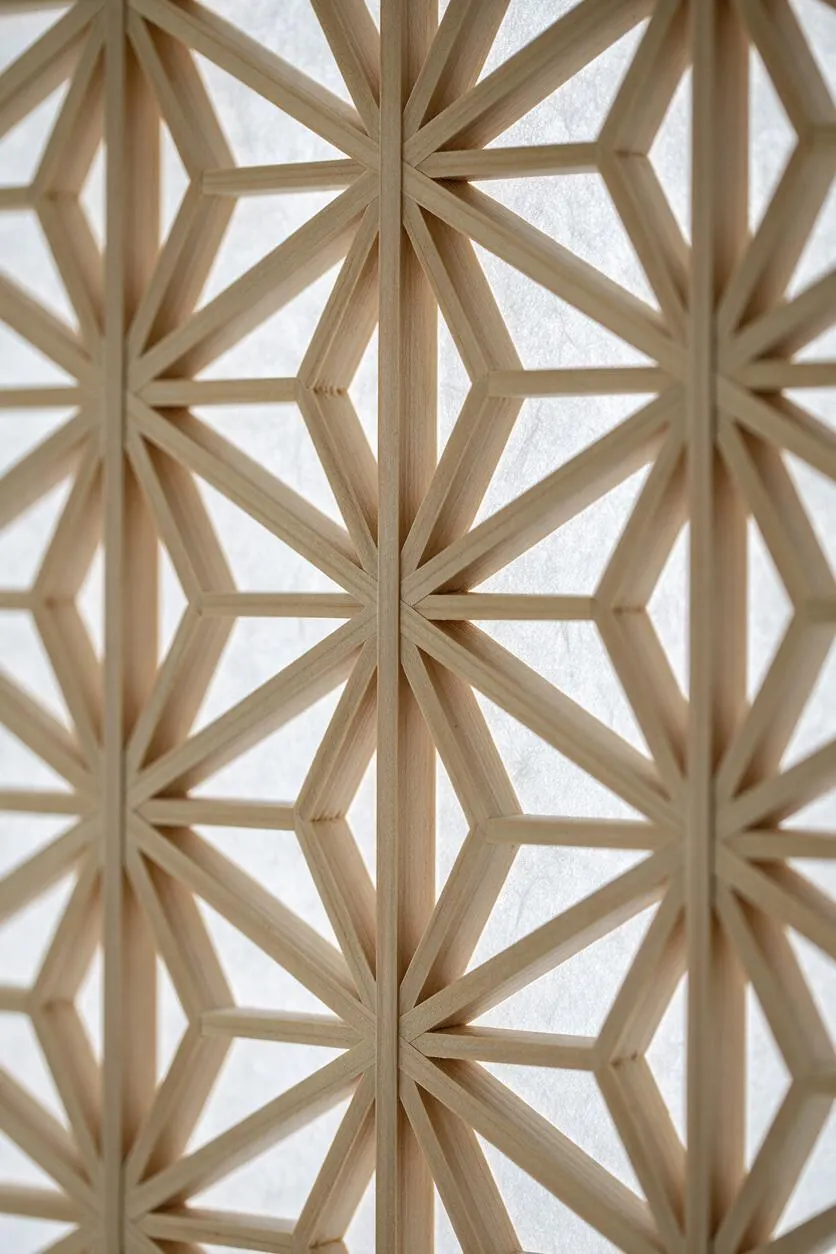 A close-up of a Japanese-style wooden lattice screen with repeating geometric star and hexagon-like patterns. Light natural wood slats are arranged over a softly glowing white translucent background, creating a calm, refined Zen look.