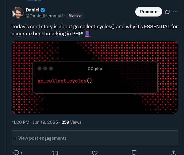 A Twitter post discussing the function gc_collect_cycles() in PHP.