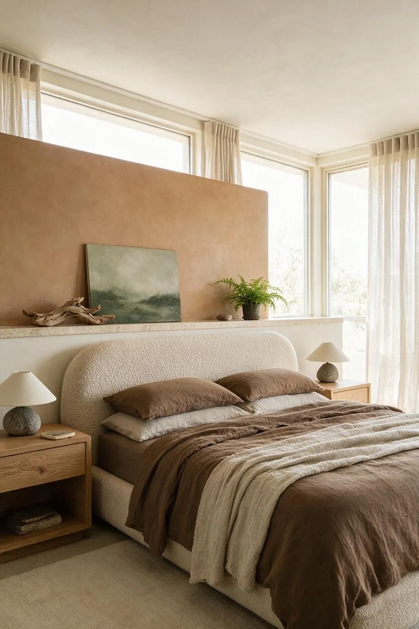 A serene master bedroom with a curved upholstered bed in a warm cream boucle-like fabric, layered with brown and beige bedding. Large corner windows with sheer curtains flood the room with light, while wooden nightstands, ceramic lamps, a potted fern, and natural driftwood accents reinforce the biophilic style.
