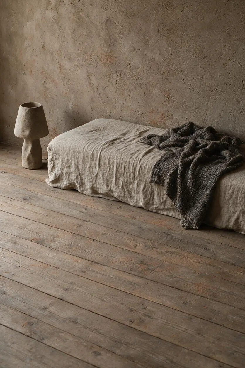 A quiet Wabi-Sabi interior with a low bed dressed in rumpled beige linen and a dark textured throw, set against a rough plaster wall. Beside it sits a sculptural stone-like lamp on a weathered wooden floor, creating a calm, earthy, minimal atmosphere.