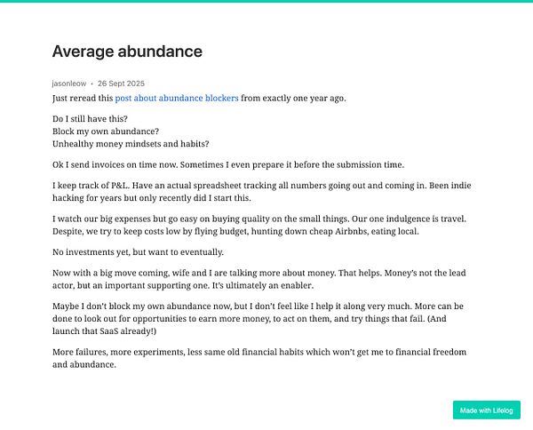 A blog post titled 'Average abundance' discussing personal finance and abundance mindset.