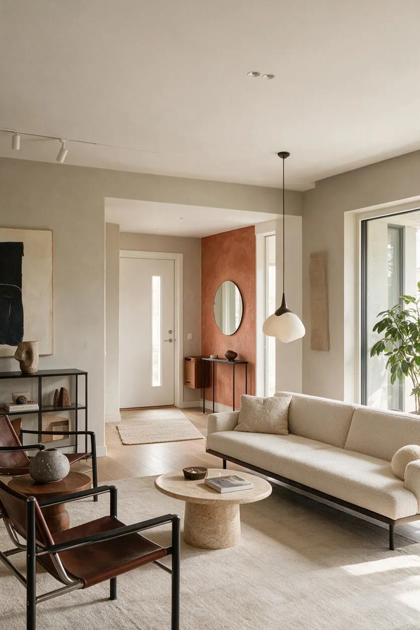 A modern entryway and sitting area with a cream sofa, black metal and leather chairs, and a round stone coffee table on a light rug. The space features a terracotta accent wall with a round mirror, a slim console, soft beige walls, and large windows bringing in natural light.