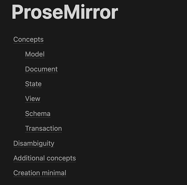A list of concepts related to ProseMirror documentation.