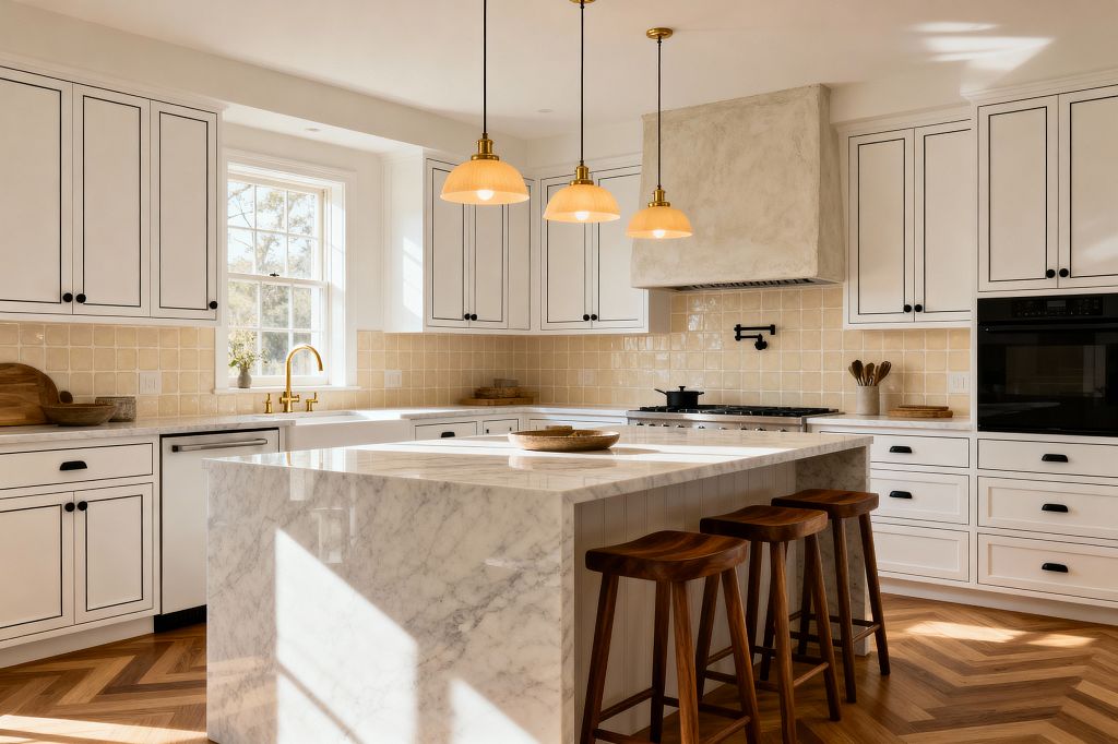 A sunlit transitional kitchen features white Shaker cabinets with black hardware around a large marble waterfall island and three wooden stools. Cream square tile backsplashes, a plaster range hood, a brass bridge faucet, and three brass-and-glass pendants add warmth, while a matte-black pot filler, a black wall oven, and herringbone wood floors provide contrast; daylight streams through a window above the sink.