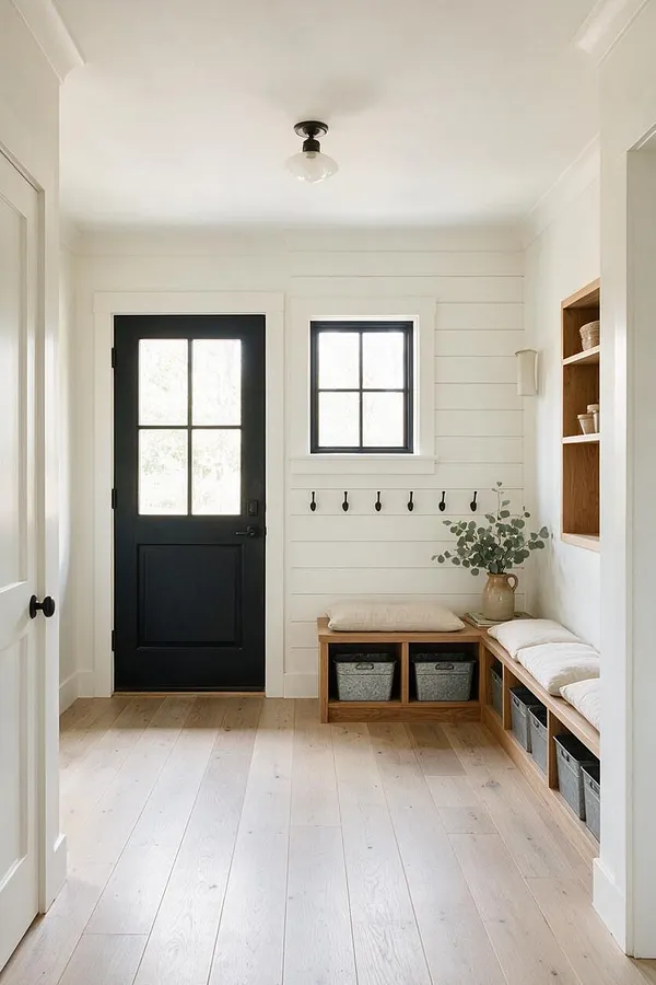 A bright farmhouse entryway with white shiplap walls, pale wood floors, and a black front door with divided glass panes. Built-in wooden bench seating with storage baskets lines the right wall, paired with simple black hooks, a small window, and a neutral vase of greenery.