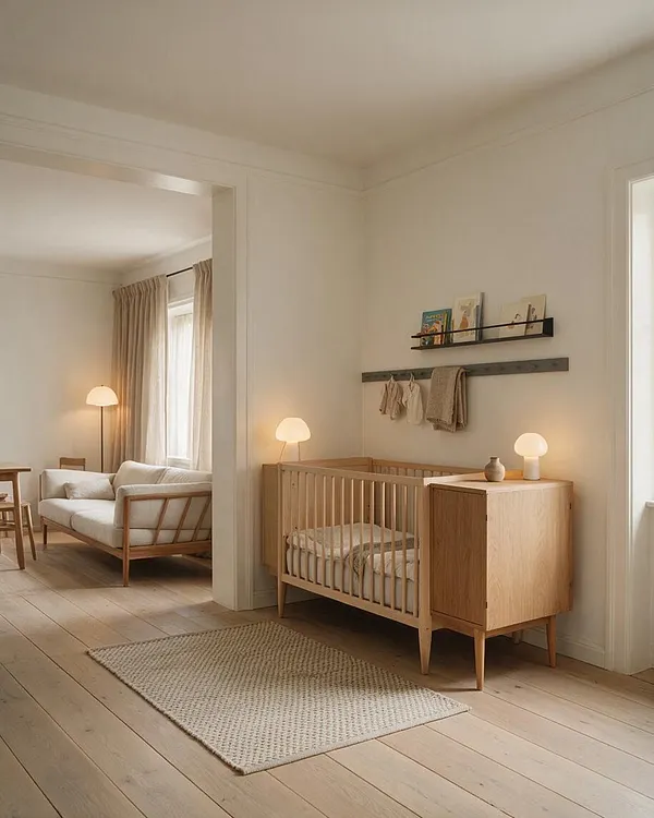 A serene Scandinavian-style nursery with a light wood crib, matching side cabinet, and soft neutral textiles. The room features white walls, pale wood floors, warm ambient lamps, a woven rug, and a cozy sitting area visible through a wide doorway.