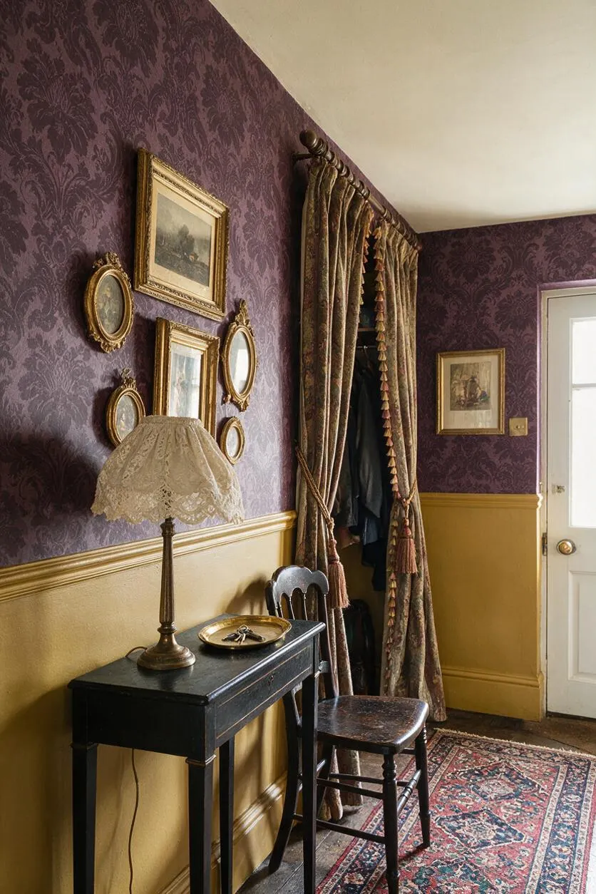 A Victorian-style entryway with deep purple damask wallpaper over mustard-yellow wainscoting, decorated with multiple gilt-framed pictures and oval mirrors. A black console table holds a lace-shaded lamp and tray, beside a dark wooden chair, while heavy patterned drapes frame a doorway and a richly colored rug covers the floor.