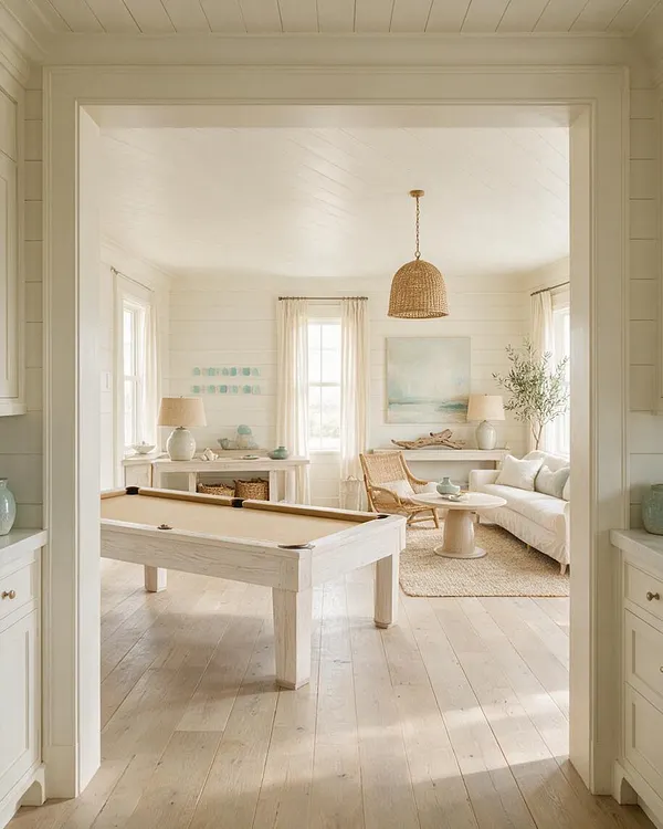 A bright coastal-style game room with a white pool table in the foreground, light wood floors, and soft cream walls. The room includes a woven rattan pendant, linen drapes, a white sofa, a wicker chair, pale artwork, and beachy decor in soft blue and sand tones.